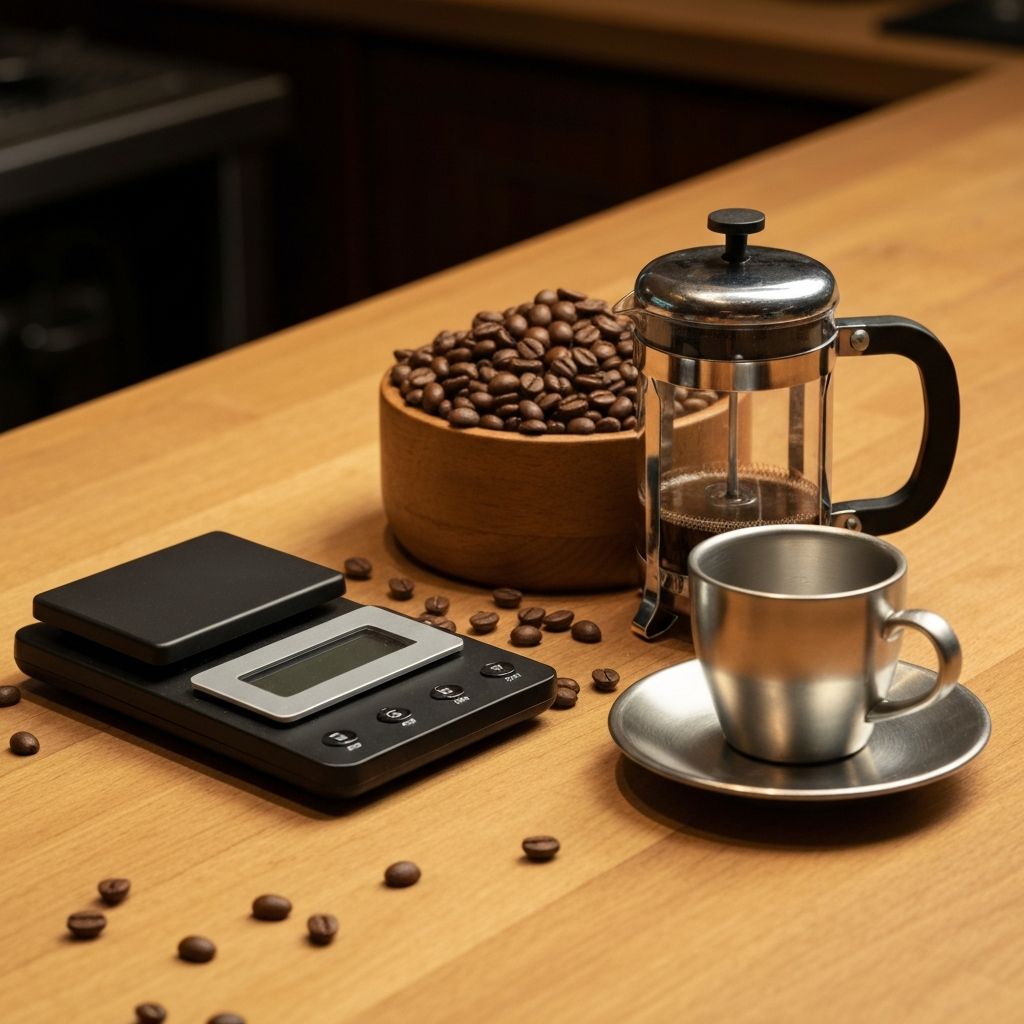 Barista-Arbeitsplatz mit Waage, Kaffeebohnen und französischer Presse