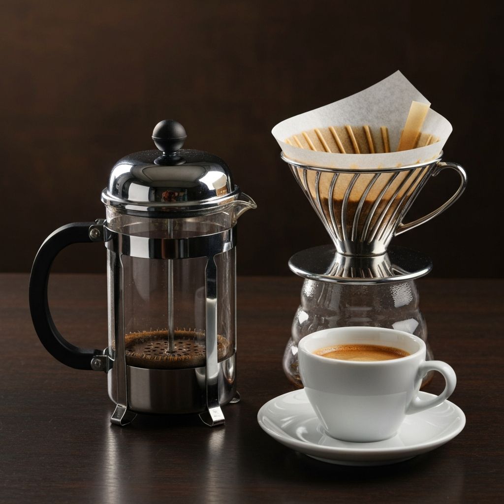 Französische Presse, Papierfilter und Espresso-Tasse nebeneinander